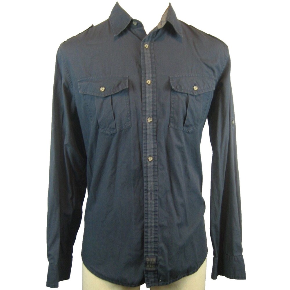 Womens Calvin Klein Jeans Blue LS Chambray Casual ShirtTop Blouse Epaulets sz M